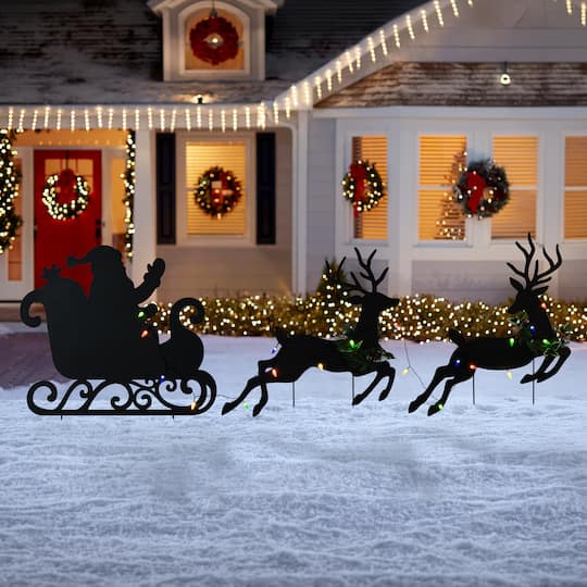 Glitzhome® 36" Set of 3 Christmas Lighted Metal Reindeer & Santa Sleigh Yard Stake with Timer